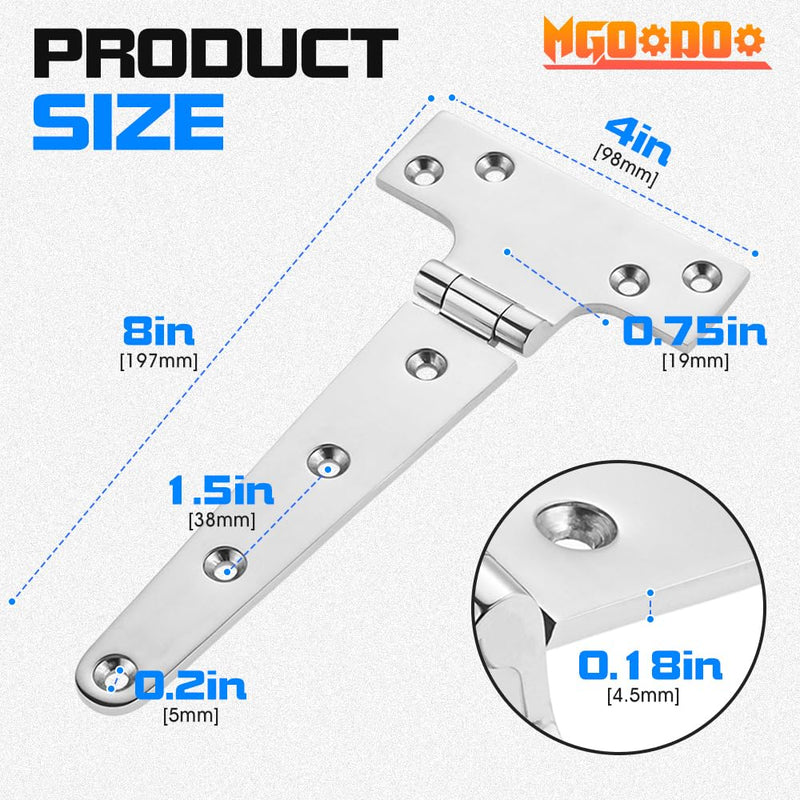 2Pcs 316 Stainless Steel T Hinges, Marine Grade Heavy Duty Boat Hatch Hinge,8" x 4" Casting Cabinet Hardware Door Hinge Marine Hardware with Screws 2Pcs 8'' x 4"