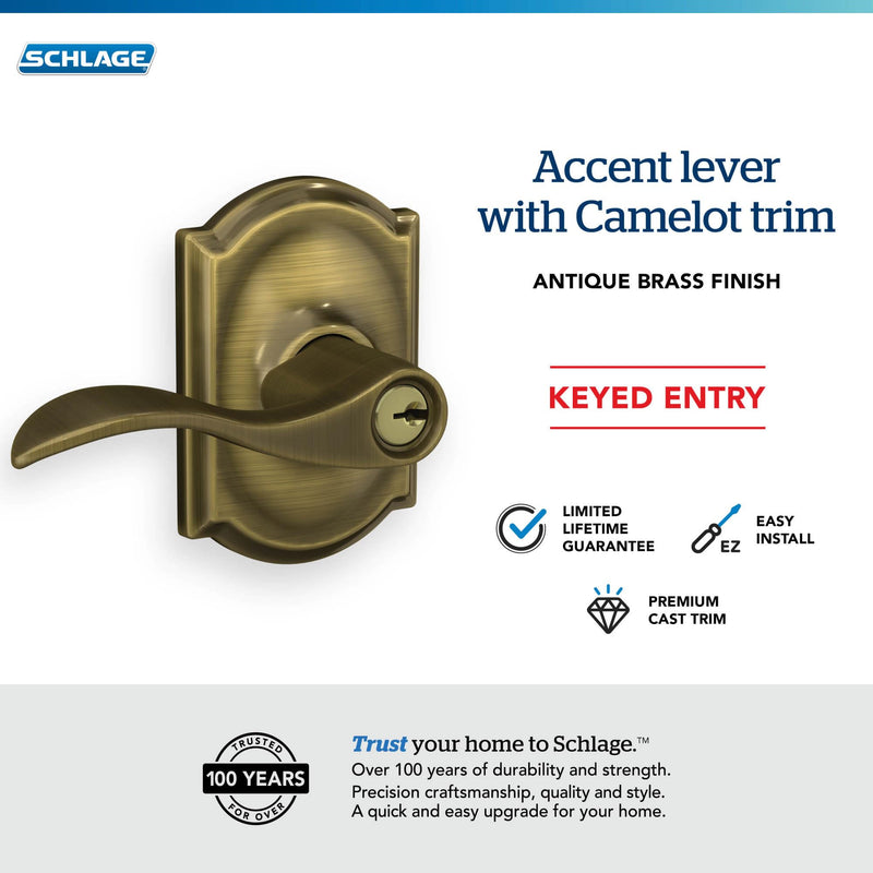 SCHLAGE Accent Lever with Camelot Trim Keyed Entry Lock in Antique Brass - F51A ACC 609 CAM
