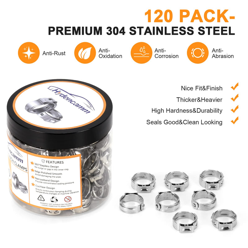 120 Pack 1/2 Inch PEX Cinch Clamps Rings, Premium 304 Stainless Steel Cinch Crimp Rings Pinch Clamps, Stepless Single Ear Hose Clamp for PEX Tubing Pipe Fitting Connections By Hydencamm (1/2"x120) 1/2"- 120pcs 1/2"