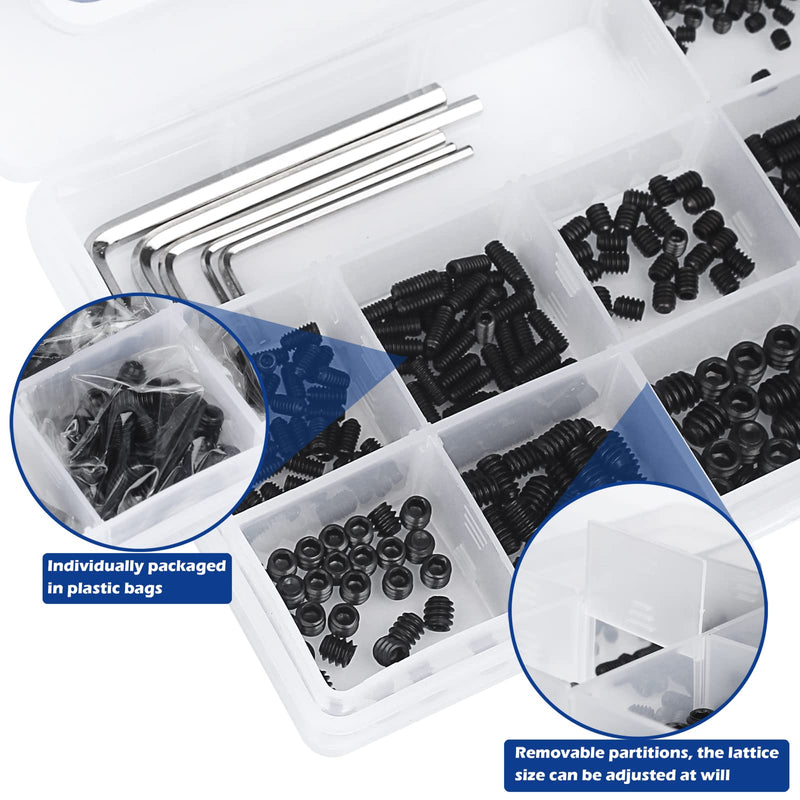 1000pcs Metric + SAE Set Screw Assortment Kit, Internal Hex Drive Cup-Point Allen Screws Set 12.9 Class Alloy Steel Grub Screw (M3-M8, 1/8"-40 to 5/16"-18) Black Set Screws 1000PCS