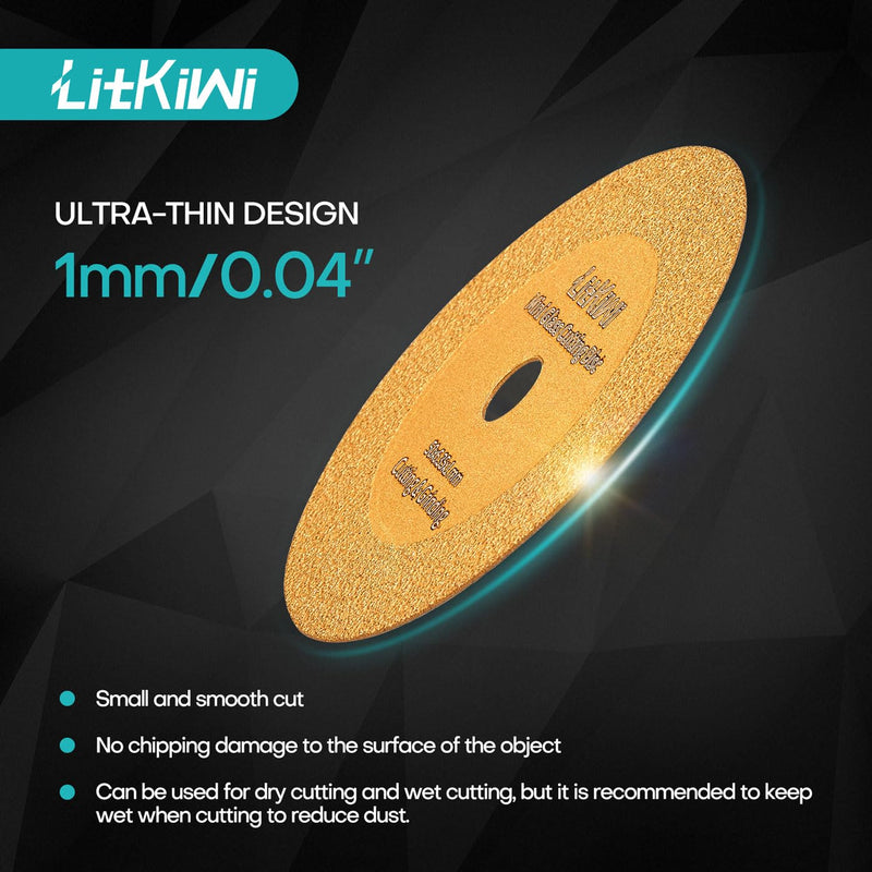 LitKiwi Mini Glasses Cutting Disc,1mm Ultra-Thin Diamond Cutting Blade Wheel,with 2 Sizes Round Mandrels,for Cutting Glass, Jade, Crystal, Ceramics and etc. 3PCS Diamond Blades & 2PCS Round Shanks