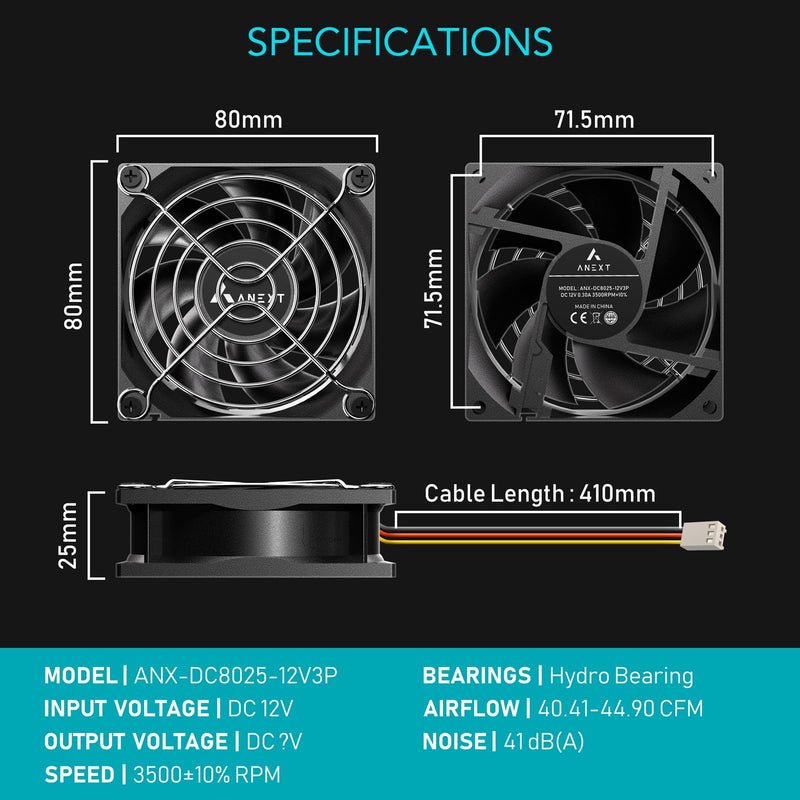 80mm 12V DC Fans, Moisture-Proof Fan 2 Packs, 3500 RPM High Speed, 3 Wires 3-Pins Waterproof Fan, for RV Refrigerator 80mm