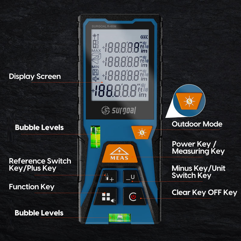 Laser Measure with 2 Bubble Levels 196/328ft Outdoor Digital Laser Measurement Tool Handle Distance Measuring Tape for Area Volume Pythagoras Mode Portable Durable One Size 60M/196FT