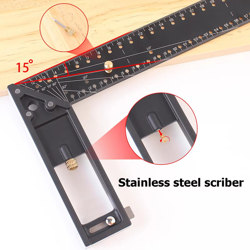 12 Inch Measuring Ruler, 45_90 Degree Hole Framing Carpenter Square Ruler, Multi-Angle Measuring Right Angle Ruler with Retractable Ledge and Scribe Mark Pin (Black)