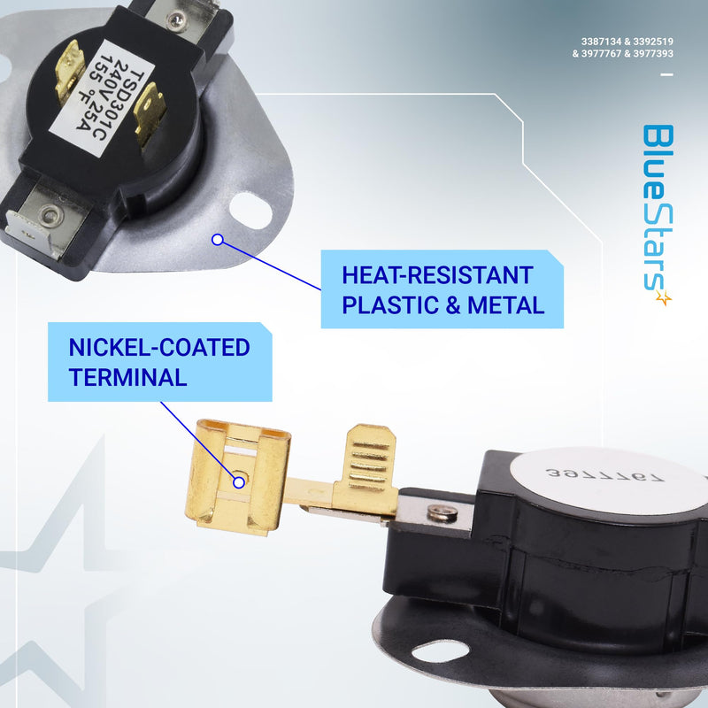 BlueStars [LIFETIME WARRANTY] 3387134 Cycling Thermostat 3392519 Dryer Thermal Fuse 3977393 Thermal Cut-off Switch 3977767 High-limit Thermostat Kit - Fit Whirlpool Kenmore Maytag Dryers Pack of 1
