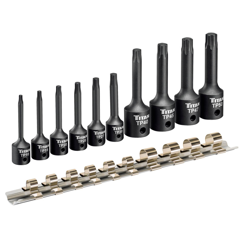 Titan 49008 10-Piece Impact Torx Plus Bit Socket Set, Sizes TP10 thru TP50, S2 and 6150 Alloy Steel, Extra-long Design for Greater Reach and Access, Metal Storage Rail