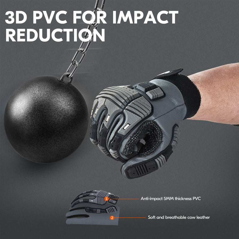 Vgo...…1Pair Leather Heavy Duty Work Gloves,Mechanics Gloves,Water Resistant,Impact Resistant,Anti-Vibration(CA7722WR) X-Large Gray