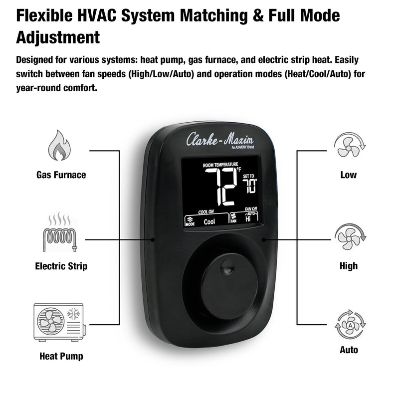 9420A382 Digital Wall Thermostat - 12V Heating & Cooling, Fan Speed & System Control, Easy-Connect Terminals, Black