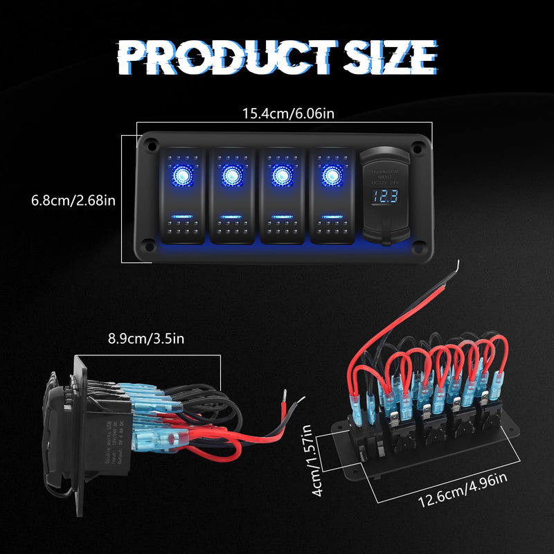 4 Gang Rocker Switch Panel with 4.8 A Dual USB Charger and Voltmeter Pre-Wired Waterproof 12V/24V DC Aluminum Switch Panel with 132PCS Night Glow Stickers for Cars UTVs ATVs Trucks Boats RVs 4 Gang Right