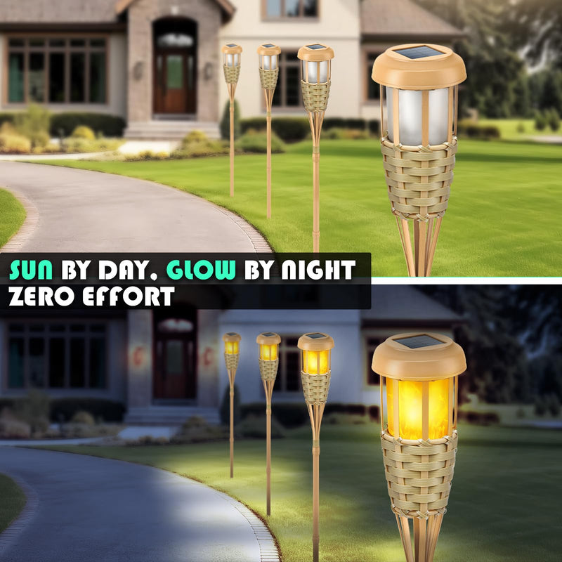 Flickering Flames Solar Powered Lights - Upgraded Solar Torches Waterproof Outdoor Decorative Lighting Auto On/Off, Handmade Bamboo Finish, 2-Pack Classic Yellow-2 Pack