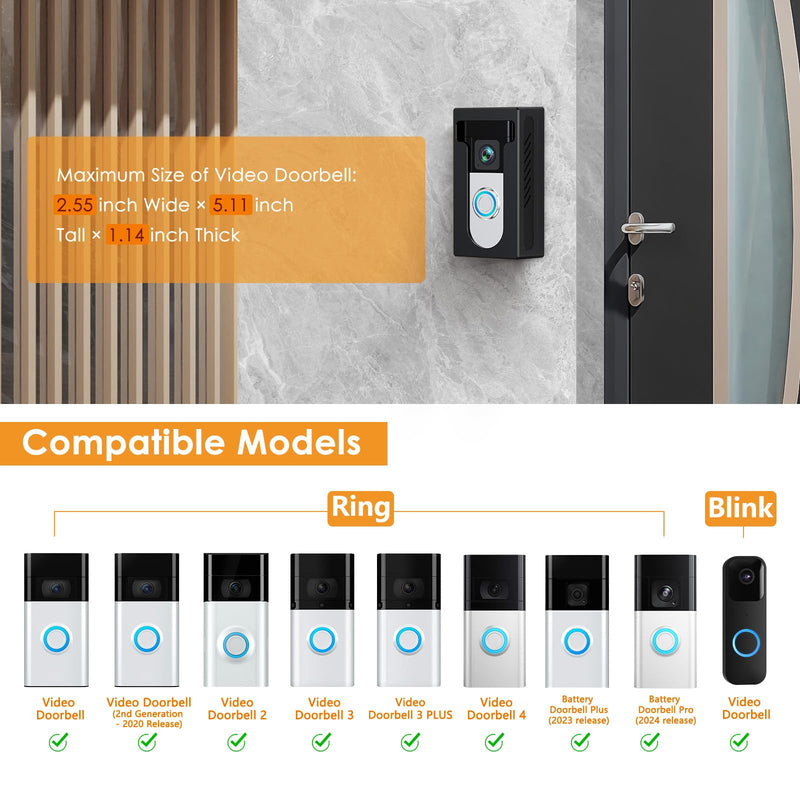 QIBOX No Drill Adhesive Video Doorbell Mount Compatible with Ring/Blink Wireless Video Doorbell, Anti-Theft Camera doorbell Holder Accessories, Not Block Doorbell Motion Sensor & Camera Stick-on Version
