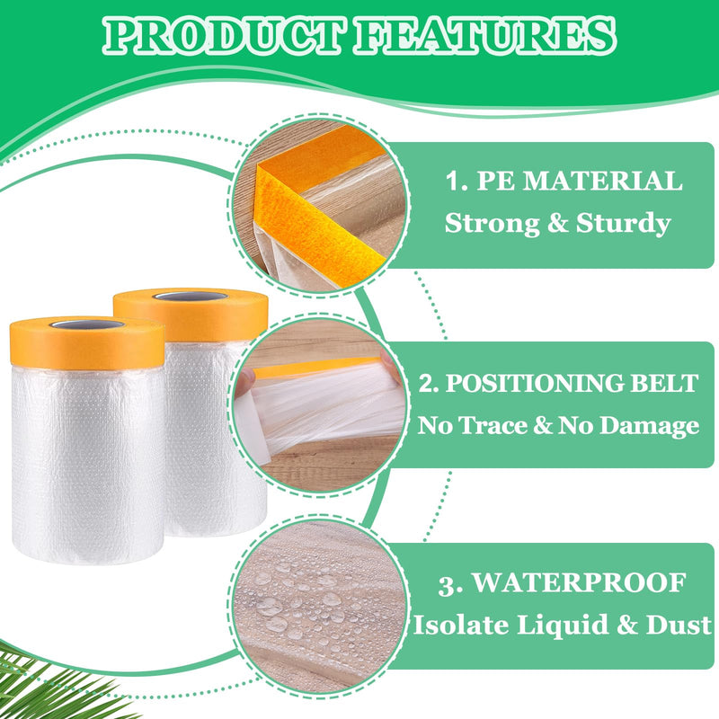 12 Rolls Pre-Taped Painting Masking Film, 3 Sizes 12