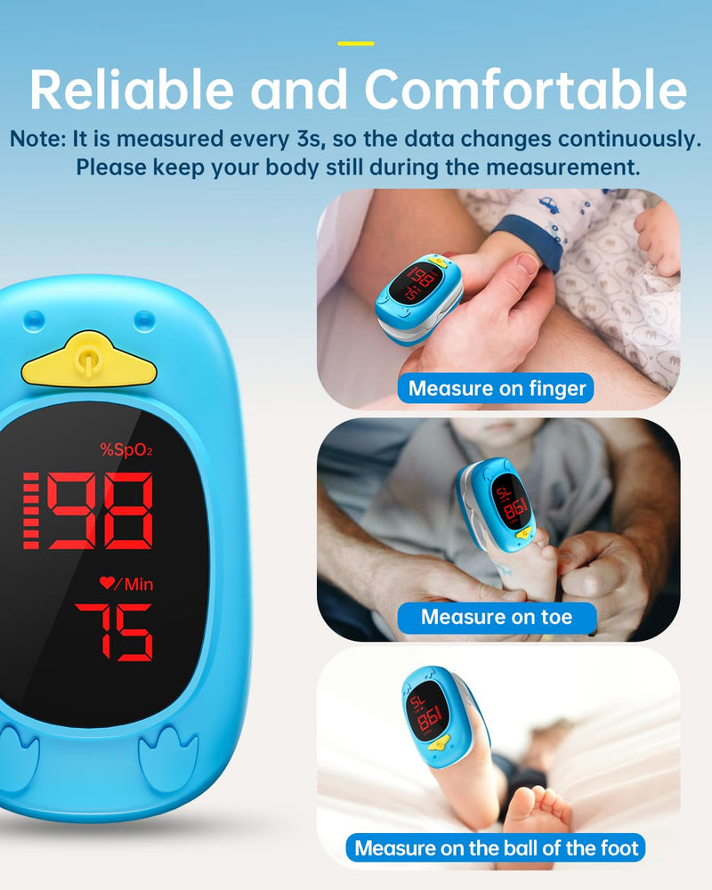 Pulse Oximeter for Kids Oxygen Monitor Children Pulse Oximeter for Baby Oxygen Monitor Kids Pulse Oximeter Fingertip, Large Display, Included with AAA Battery Blue