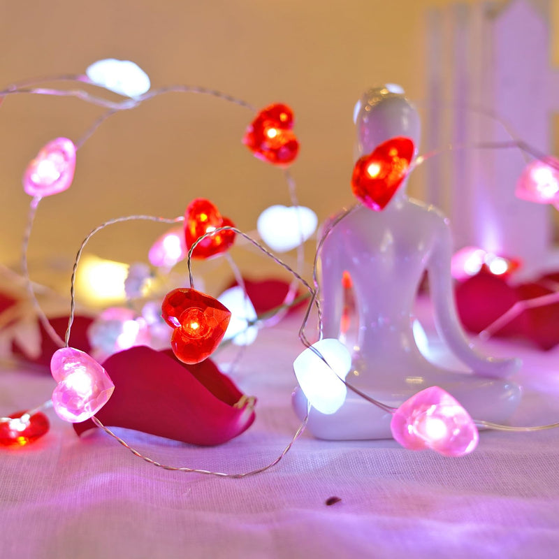Valentines Day Decor 10 ft 40 LEDs Red White Pink Heart String Lights Battery Operated Garland Valentines Day Lights with Timer Valentines Day Decorations for The Home Indoor Mother's Day Red White and Pink