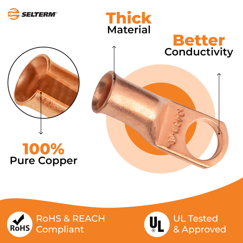SELTERM 25pcs 4 AWG 3/8" Stud Battery Lugs, Ring Terminals, Heavy Duty Copper Wire Lugs, Battery Cable Ends, 4 Guage Ring Terminal Connectors, UL Bare Copper Eyelets Electrical Battery Cable Lugs 4 Awg - 3/8" (M10) Ring Bare Copper Lugs 25