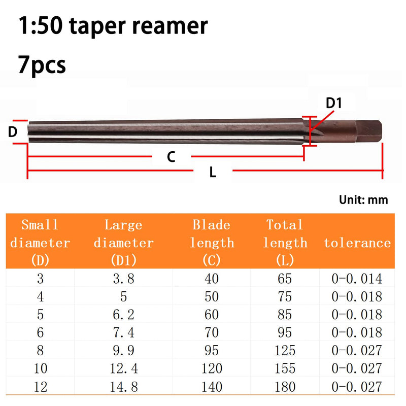 Generic 7PCS 3-12mm Taper Pin Hand Reamer Set, 1:50 Taper Alloy Steel High Precision Reamer, 3mm/4mm/5mm/6mm/8mm/10mm/12mm Sharp Manual Reamer CNC Tools