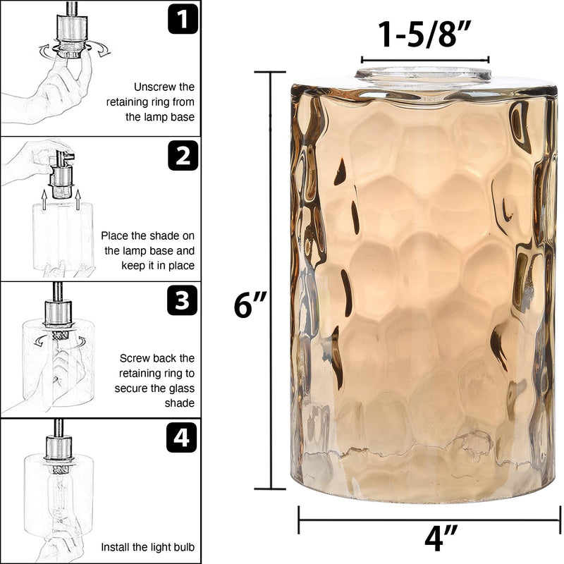 5 Pack Amber Hammered Glass Lamp Shade Replacement Globe & Cover for Lighting Fixture, 6" Tall, Water Ripple Cylinder Glass Shade for Chandelier Pendant Light Wall Sconces, 1-5/8 inch Fitter