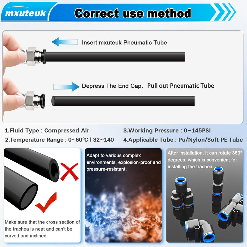 mxuteuk 1/4" Air Hose Fittings,1/4" Air Line Fittings,1/4"(6.35mm) OD x 32.8 Feet PU Tube and 1/4" OD Push to Connect Fittings(15PCS)