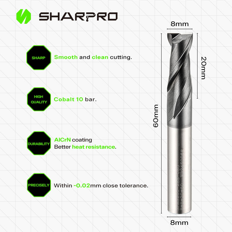 8mm Shank 8mm Cutting Dia. Carbide Square End Mill 2 Flute AlCrN Coated CNC Milling Bit, Faster chip Removal, Apply for Alloy Steel, Stainless Steel and Various Cast Iron. 8mm SHK 8mm DIA 1
