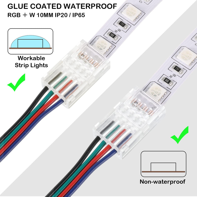 Flutesan 20 Pcs 4 Pin 10 mm LED Strip Connector RGB Lights Waterproof Adapter 22 AWG Wires Connector for Strip Light Unwired Gapless Track 5v 12v 24v 4 Pin, 10 mm