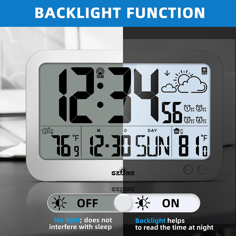 Atomic Clock, 10" Digital Clock Large Display, Wall Clocks Battery Operated with Backlight, Wireless Outdoor Sensor, Alarm Clock Indoor Outdoor Temp, 4 Time Zones, Auto DST, Clock for Bedroom (Sliver) Sliver