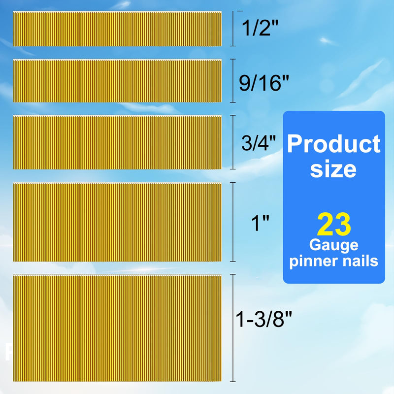 23 Gauge Pinner Nails (1/2",9/16",3/4",1",1-3/8") 5000 pcs Assorted 5 Sizes' Headless Pin Nails for 23 GA Pneumatic or Electric Pinner or pin Gun,Project Pack