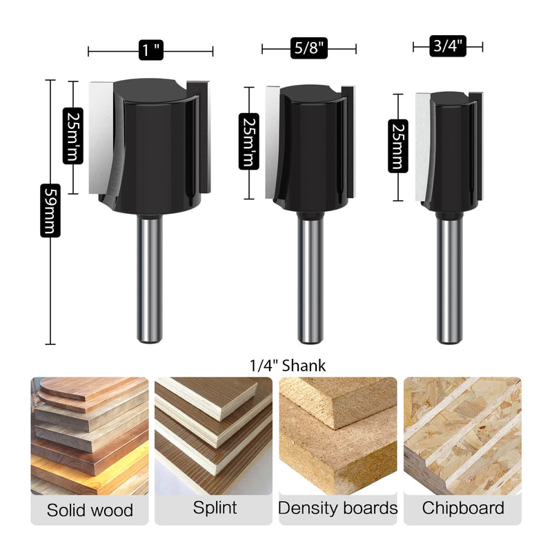 Double Flute Straight Bit Cleaning Bottom Router Bit 1/4-Inch Shank - 1/8, 3/16, 3/8, 1/2, 5/8, 3/4, 1 Inch Cutting Dia Woodwork Cutter 7PCS Straight Bit 7PCS