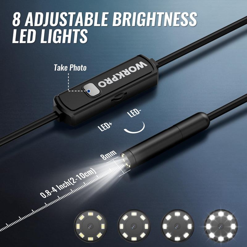 WORKPRO 16.4FT Industrial Endoscope Camera, 1920P HD Semi Rigid Snake Borescope with 8 Adjustable LED Lights, Inspection Camera for iOS and Android