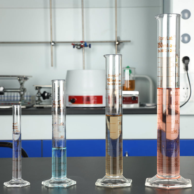 stonylab Graduated Cylinder, 2-Pack B Grade Borosilicate Glass Cylinder with Stable Hexagonal Base, 250 ml