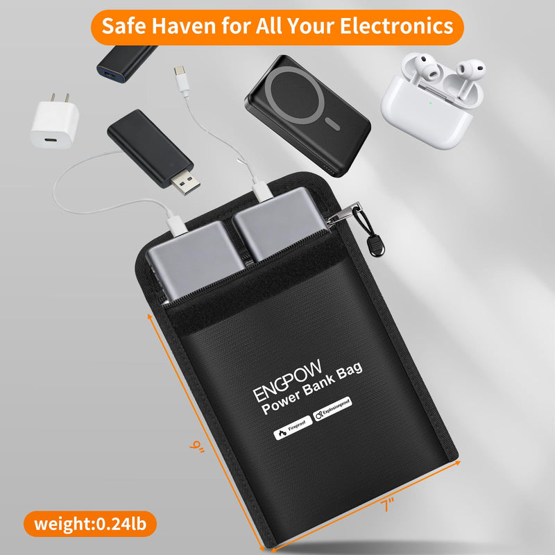 ENGPOW Fireproof Organizer Travel Bag, Heat Insulated＆Explosion-Proof Electronic Carry Case, Portable Home Travel Safe Storage for Power Bank,Phone,Cables,USB Drive and Charging Protection, 9''x7'' 9'' x 7''