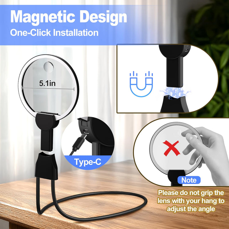 Magnifying Glass with Light Hands Free for Reading 5.5 Inch 5X, LED Light with 2 Modes, Flexible Neck-Worn Large Magnifie, Illuminated Magnifier for Seniors Inspection, Coins, Jewelry, Sewing 5.5 Inch with Light