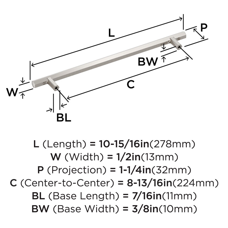 Amerock 8-13/16" Caliber Satin Nickel Drawer Pull | 8-13/16 inch (224mm) Center-to-Center Mounting Distance and 10-15/16 inches Overall Length, Durable Zinc Cabinet Hardware 8-13/16 Inch (224 mm) Center-to-Center