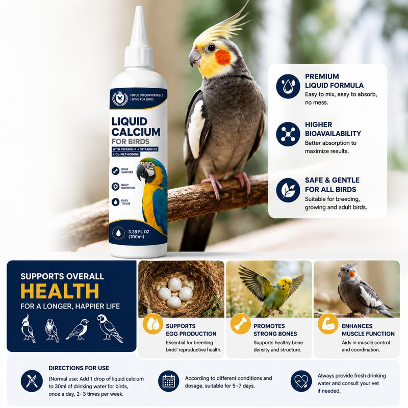 Liquid Calcium for Birds, Calcium Drops with Vitamin D3 for Parrots, Cockatiels & Budgies, Bird Calcium Supplement for Strong Bones, Healthy Feathers & Daily Nutrition, 3.38 FL OZ