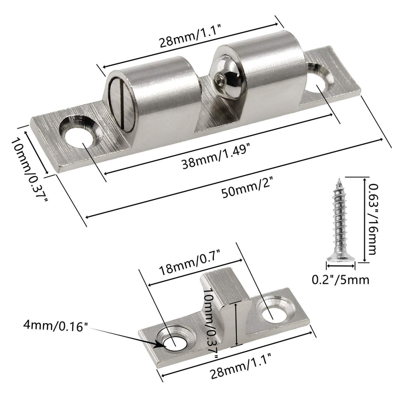12Pcs 2"/ 50mm Double Ball Tension Roller Catch Latch, Solid Brass Hardware Fitting with Screws for Cabinet, Closet & Furniture Door, Chromium Plated 2"/ 50mm, 12 Pcs Silver