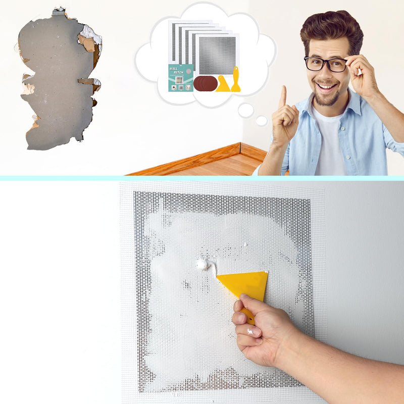 5Pcs Drywall Repair Kit Large Hole, 12 x 12in Self-Adhesive Drywall Patch Kit with Sandpapers & Scrapers, Wall Repair Patches for Big Holes & Cracks, Quick Fix for Ceiling Bathroom Wall Damage 5Pcs