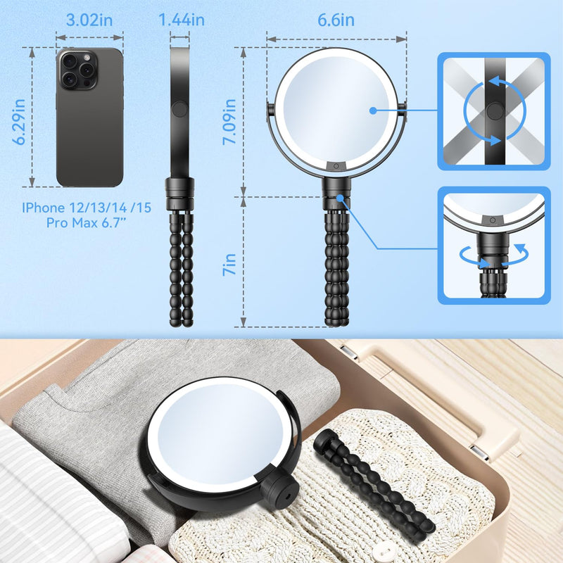 KOOKIN Travel Makeup Mirror with Lights and Magnification 1X/10X, Lighted Makeup Mirror, Rechargeable, 3 Color Lighting, Dimmable, 360° Rotation, Double Sided, Hanging Handheld Mirrors (Black) Black