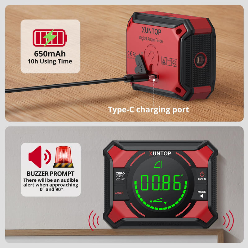 4x90/2x180°(0.01°) Digital Angle Finder with Dual Laser Digital Angle Gauge with Bottom and Back Magnetic Rechargeable Inclinometer with Digital Level Bubble (Class 2 Laser, <1mW Power Output)