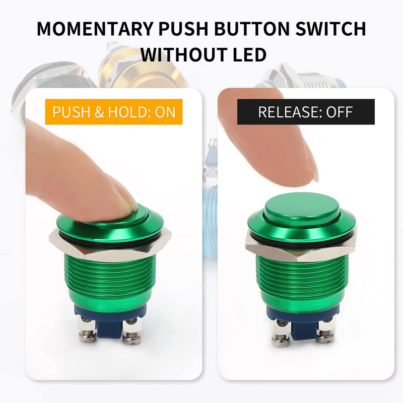 STARELO 19MM 3/4" Momentary Push Button Switch High Round 250V AC 5A 12V 36V DC 2A 1NO SPST Waterproof Aluminum Shell(Green). Green