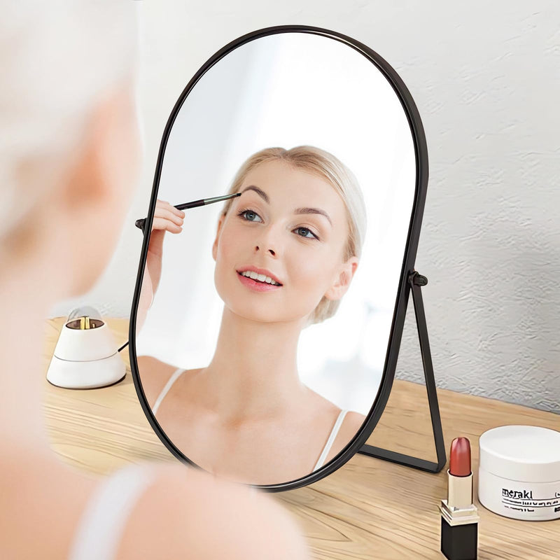Makeup Mirror Portable Vanity Tabletop Mirrors with Metal Frame Desk Table Mirror with 90°Adjust Rotate Good for Bedroom Bathroom Dressing Room 12"L x 10"W Oval-black