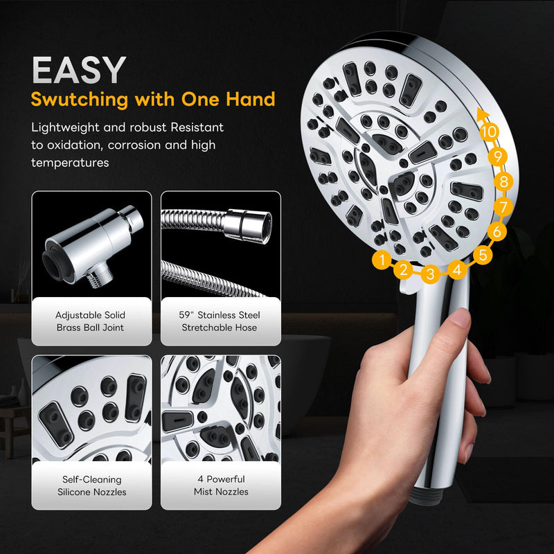 High Pressure 10 Ways Handheld Shower Head Chrome- Anti-clog Nozzles, Built-in Power Wash to Clean Tub, Wall & Overhead Brackets,Magnetitc Rainfall Shower Wand,Built-in 2 Power Jet