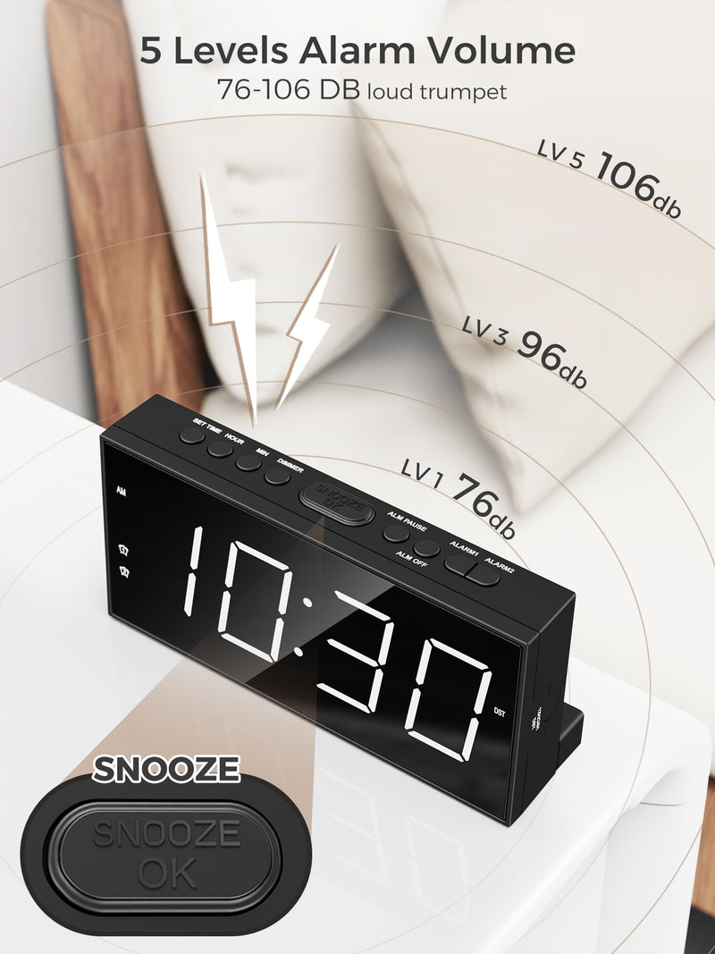 PPLEE Alarm Clock for Bedroom, 2 Alarms Loud LED Big Display Plug in Simple Basic Digital Clock with USB Charging Port, Adjustable Volume, Dimmable, Snooze for Deep Sleepers Kids Elderly Home Office With Basic Digits White