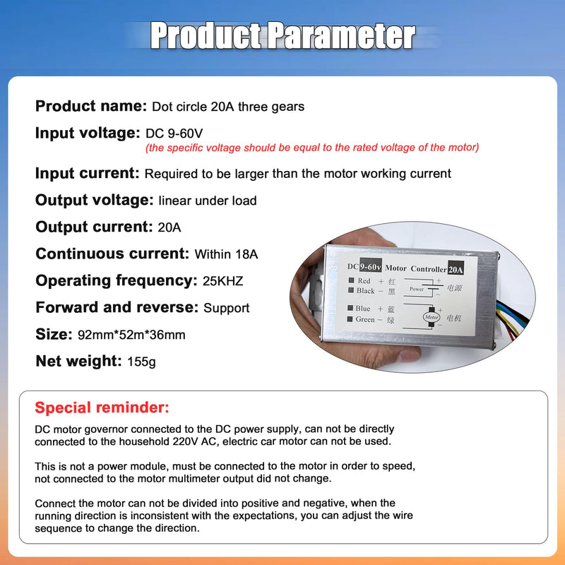 DC Motor Speed Controller ，DC 12V 24V 36V 48V 60V Motor Pulse Width Modulator Regulator Motor Variable Speed Controller with CW/CCW Switch, (1200W 20A CW/CCW Switch and Speed Switch) 1200W 20A CW/CCW SWITCH And Speed Switch