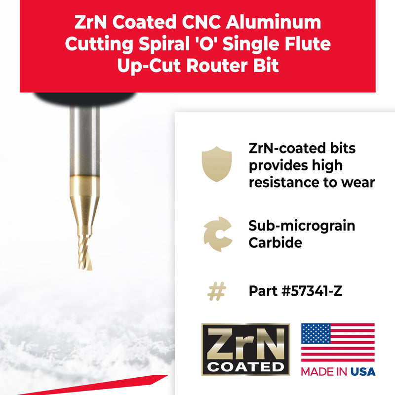 Amana Tool CNC Solid Carbide Spiral O Flute Up-Cut, Aluminum Cutting Router Bit, ZrN Coated, 57341-Z, 1/8 D x 1/4 CH x 1/4 SHK x 2 Inch Long