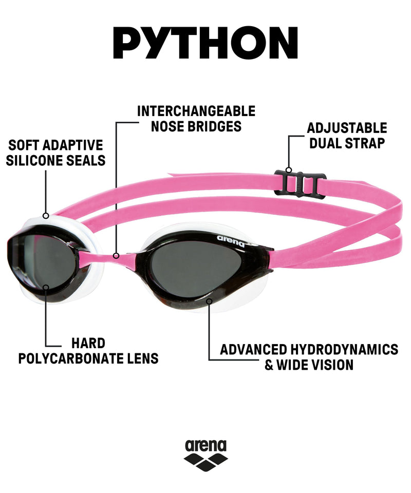 ARENA Unisex Python Racing Swim Goggles for Men and Women Anti-Fog No Leak Max Comfort Dual Strap, Mirror/Non-Mirror Lens Non-mirror Lens Smoke/White/Fuchsia