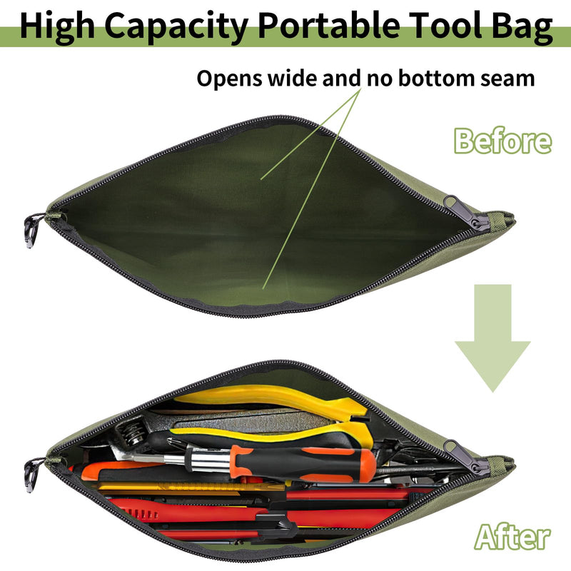 Tool Bag Zipper Pouch, Premium Tool Pouch, Utility Multipurpose Storage Organizer Tool Pouches with Carabiner Metal Zipper for Tools 3 Pack, Tan, Navy Green, Black