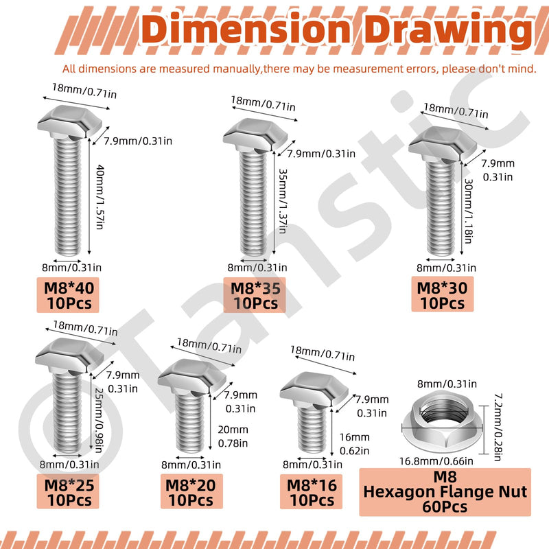 Tanstic 60 Sets M8 T Slot Drop-in Bolt Hammer Head Bolt T Shape Stud Sliding Screw for European Standard 40 Series Aluminum Profile