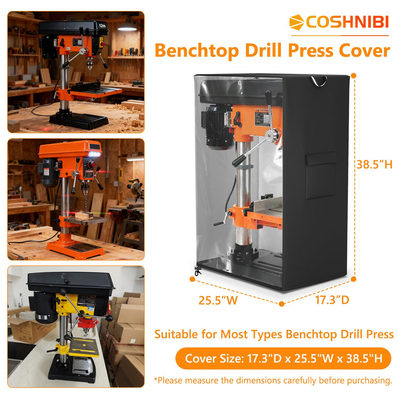COSHNIBI Benchtop Drill Press Cover,Fit Most 12-Inch Mini Drill Press on the Market,with Side Pocket and Transparent PVC Design,25.5"D x 17.3 "W x 38.5 "H,Black