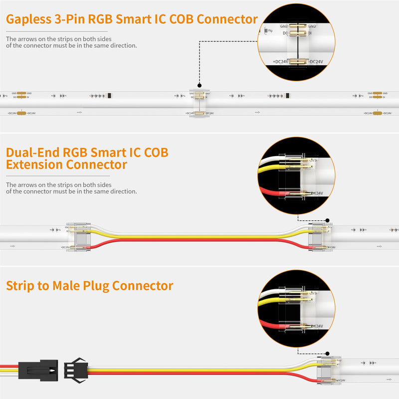 PAUTIX 12mm Connectors for RGB Smart IC COB LED Strip Light,3-Pin Solderless Terminal Connection Kit,Dual-End Extension Connector,Strip to Male Plug Connector,Gapless Connector,Strip to Wire Connector Connector Kit