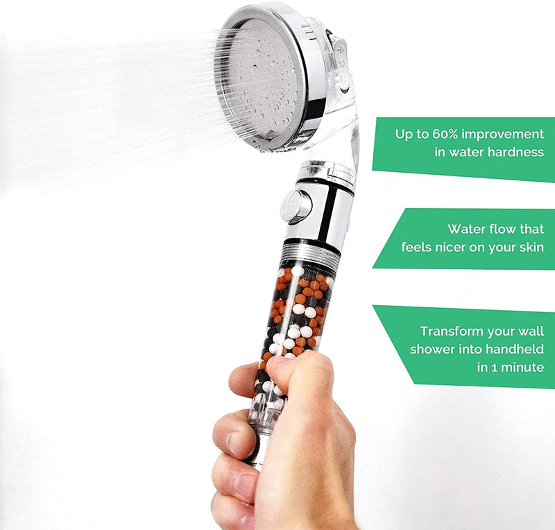 Original StoneStream Filtered Shower Head, Eco Power High Pressure Water Softener Showerhead with ON/OFF switch and Spa like Ionic beads for Dry Skin & Hair — 3 Spray Settings 3-Setting Shower Head