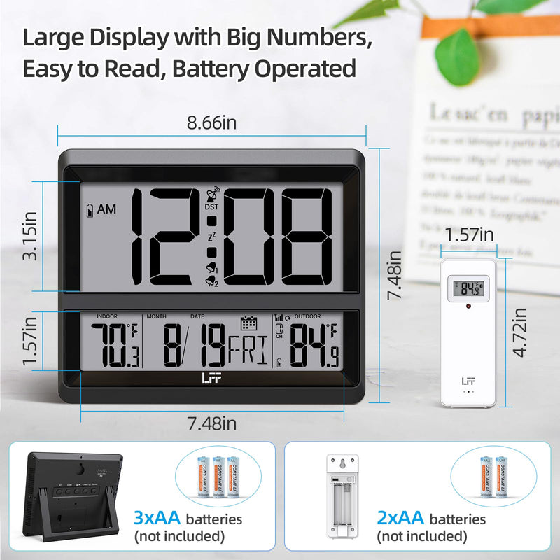 LFF Atomic Clock Large Display, Digital Wall Clock with Indoor Outdoor Temperature and Date, Wireless Outdoor Sensor, Digital Desk Alarm Clock Battery Operated for Bedroom, Easy to Read, Black